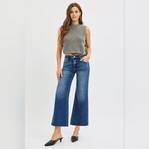 RISEN Mid Rise Dark Wash Wide Leg Cropped Jeans Raw Hem Various NEW
